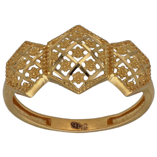 New 22ct Gold Three Hexagon Patterned Ring Size N