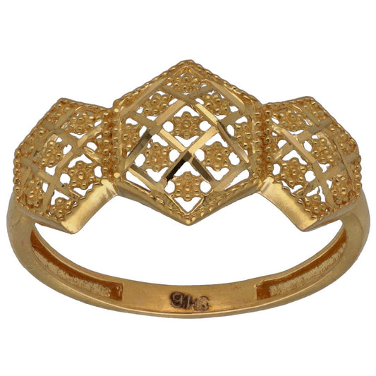 New 22ct Gold Three Hexagon Patterned Ring Size N