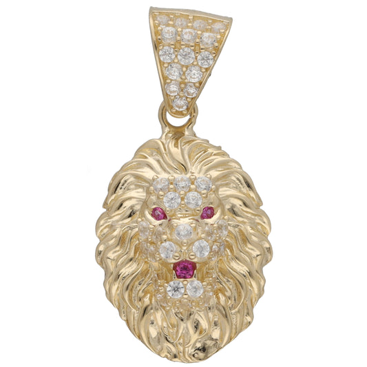 New 14ct Gold Red Stone & Cubic Zirconia Lionhead Pendant 18mm