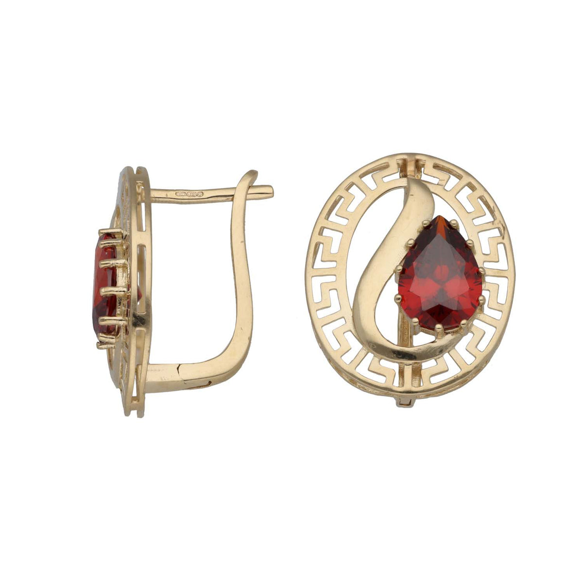 New 14ct Gold Red Cubic Zirconia Greek Key Dress/Cocktail Earrings