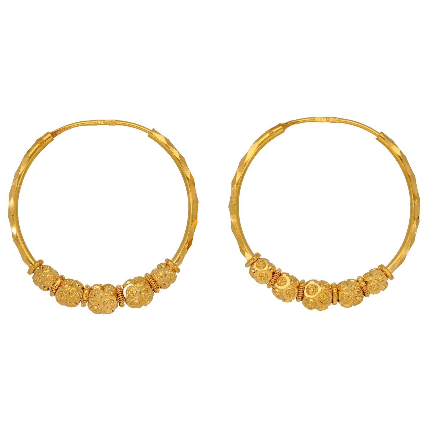 Gold hoop earrings with beaded drop detail around the front edge