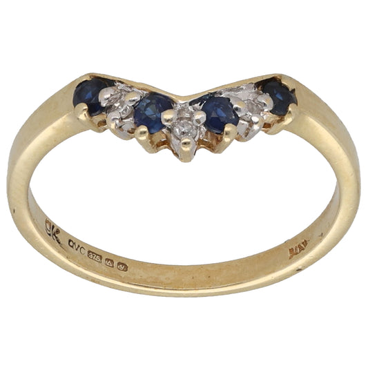 9ct Gold Sapphire & 0.015ct Diamond Wishbone Ring Size K
