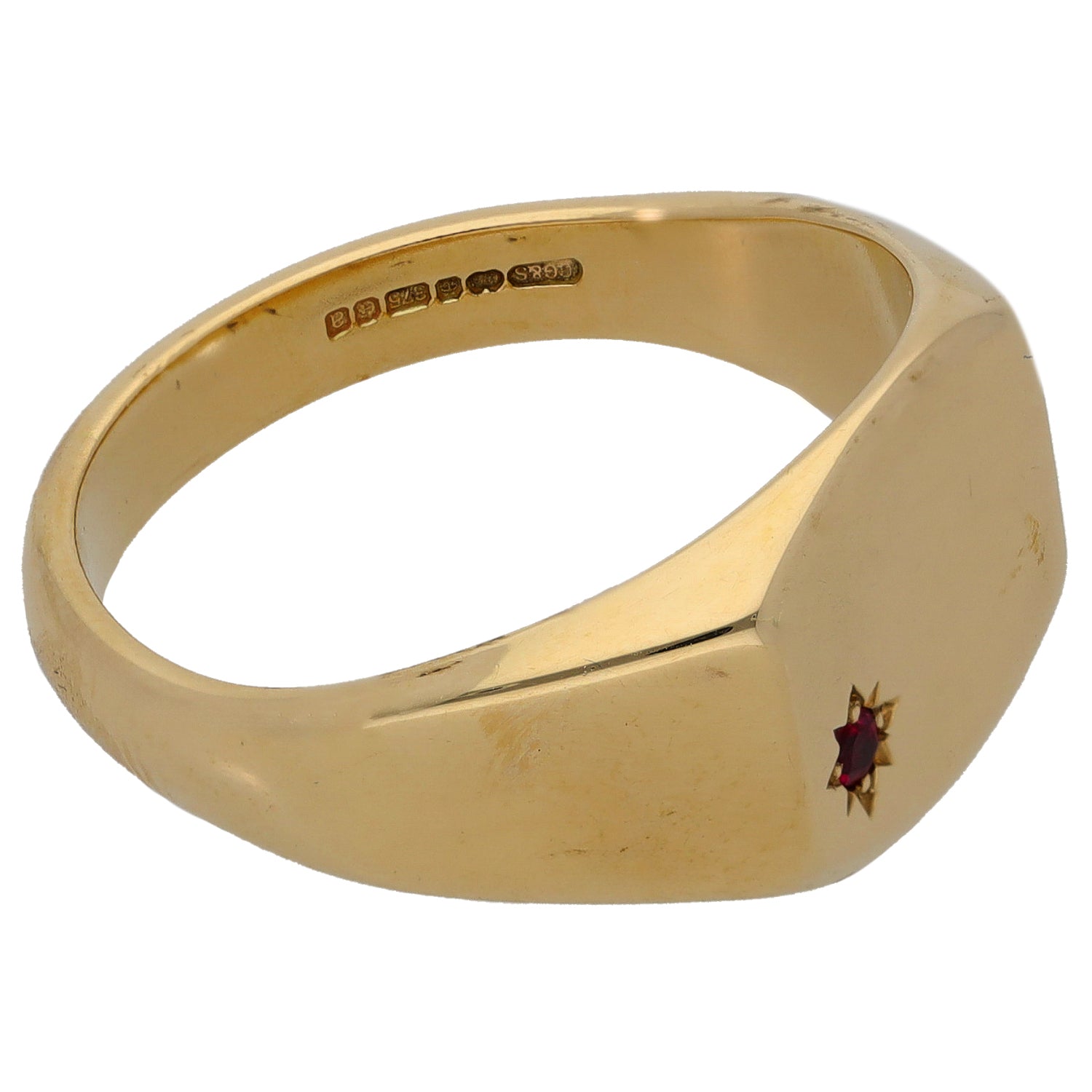 9ct gold signet ring with small red ruby cluster on the side, polished