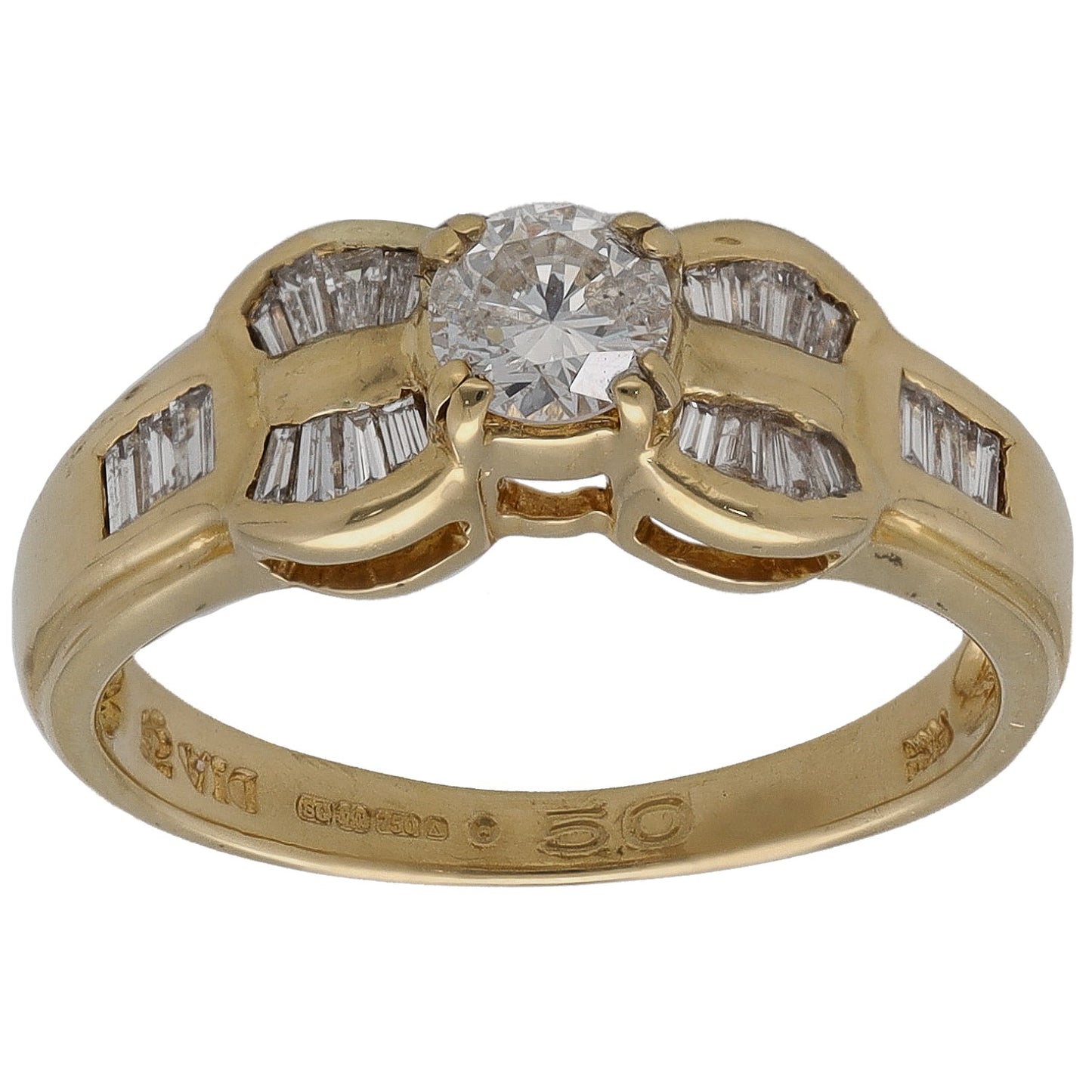Yellow gold diamond solitaire ring with round center stone and baguette side accents