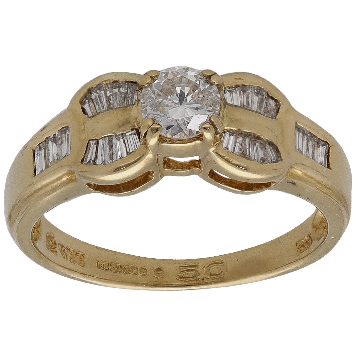 Yellow gold diamond solitaire ring with round center stone and baguette side accents