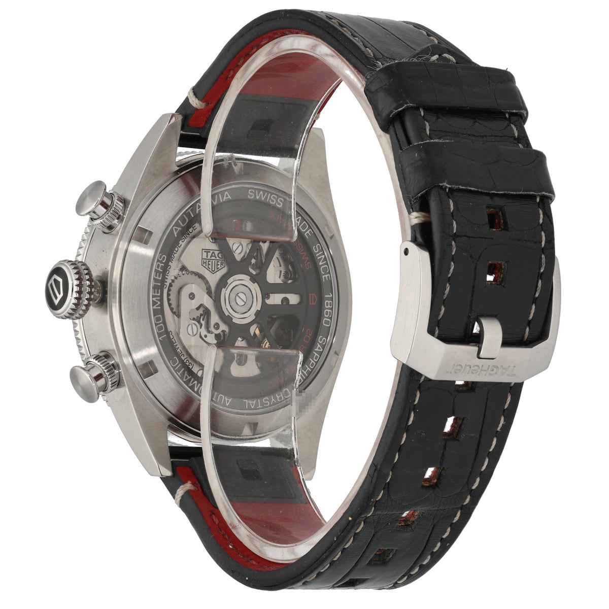 Tag Heuer Autavia 60th Anniversary Flyback Chronograph CBE511B,open caseback in stainless steel with adjustable leather bracelet