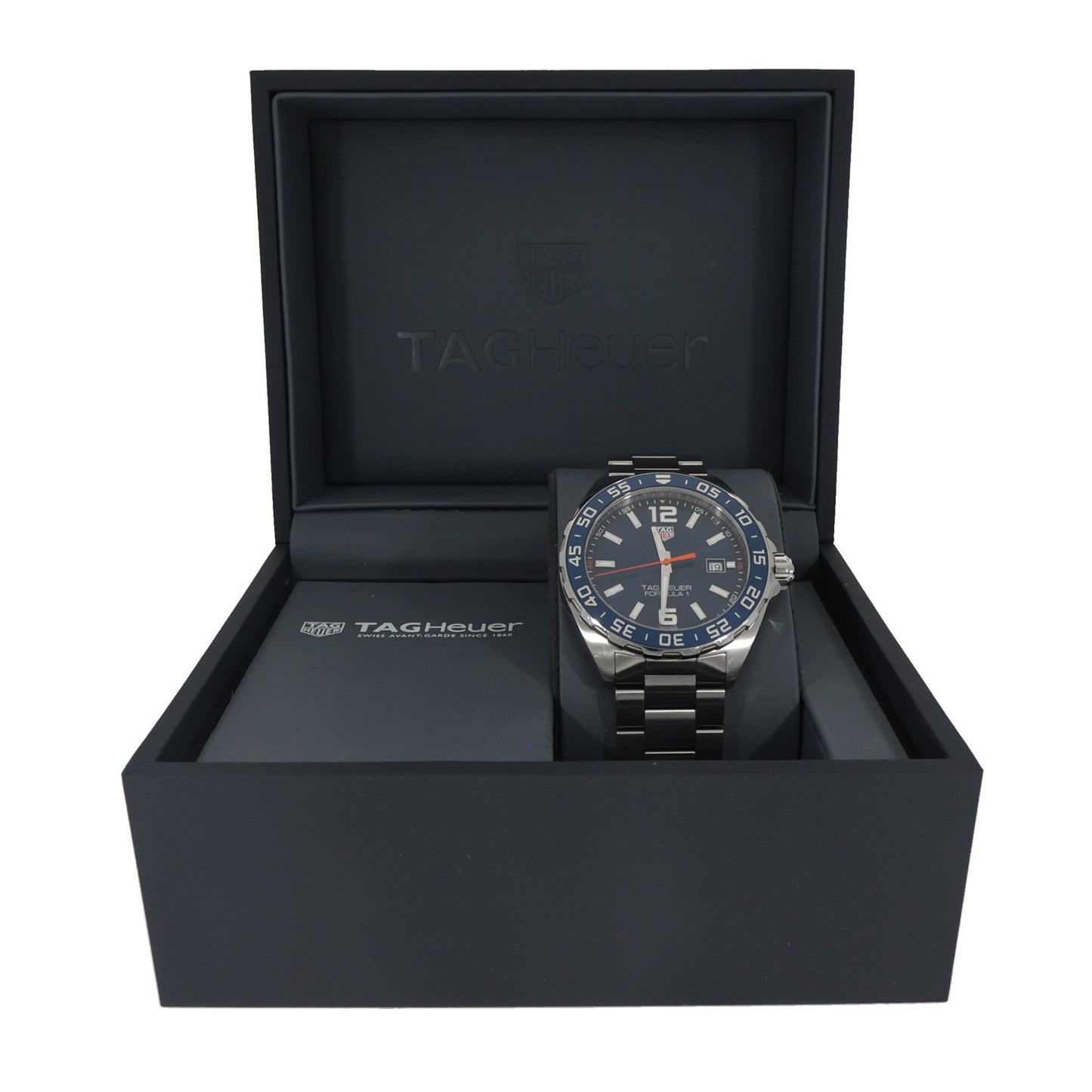 Tag Heuer Formula 1 WAZ1010 stainless steel watch with black chronograph dial and subdials, link bracelet, box image