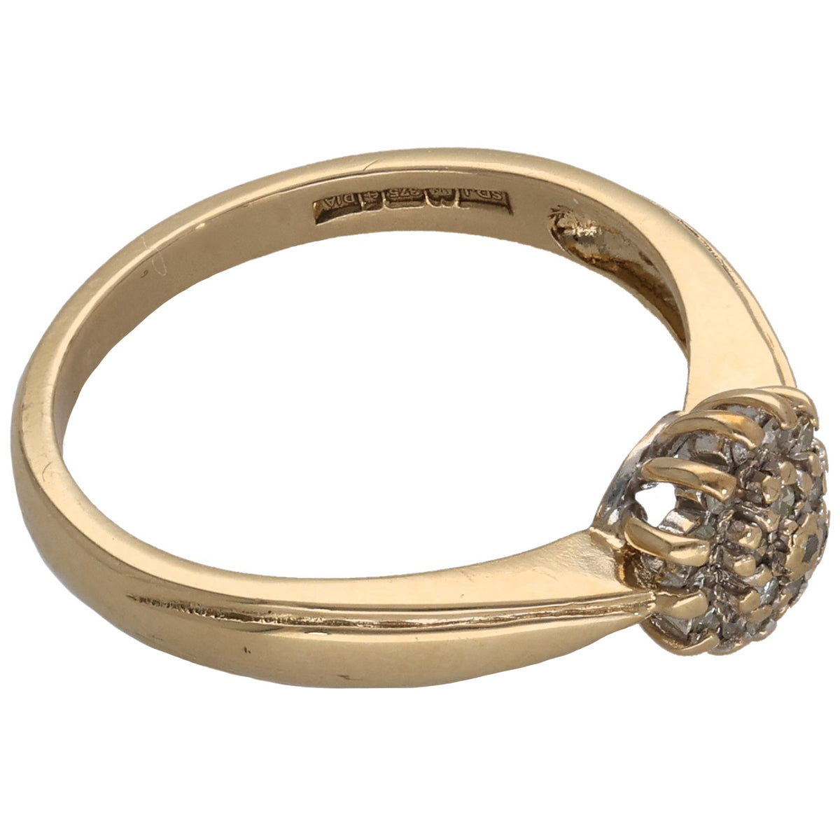 9ct gold diamond cluster ring with round stone cluster and engraved inner band