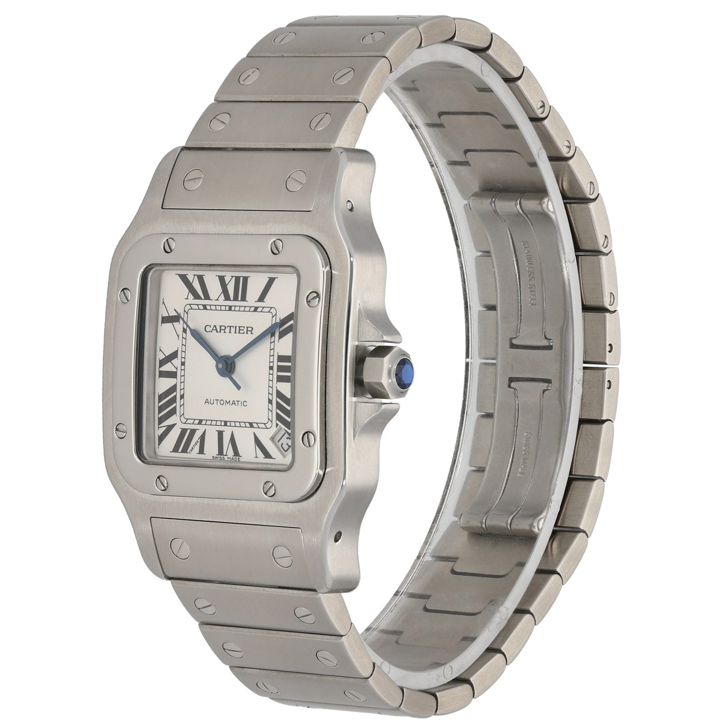 Stainless steel Cartier Santos W20098D6 watch side view, integrated bracelet and crown