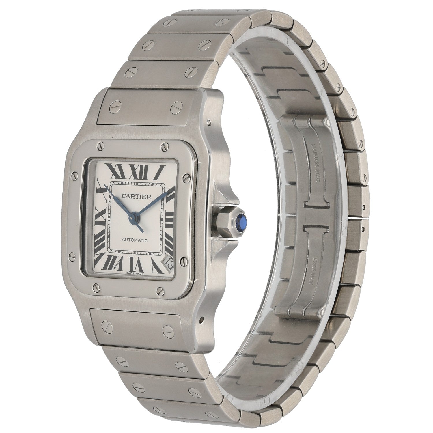 Stainless steel Cartier Santos W20098D6 watch side view, integrated bracelet and crown
