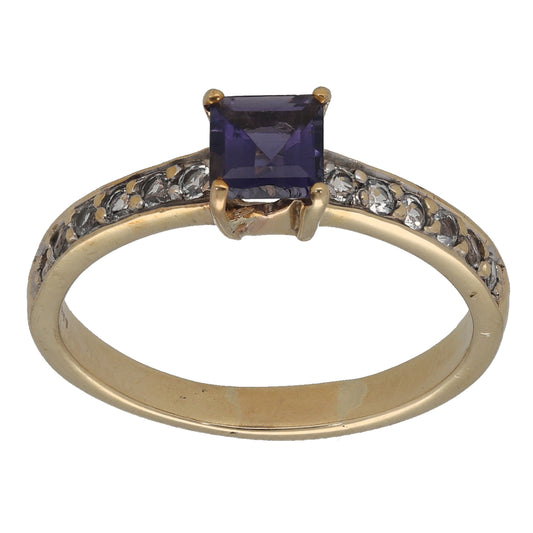 9ct Gold Iolite & Imitation Gems Single Stone Ring with Accent Stones Size R
