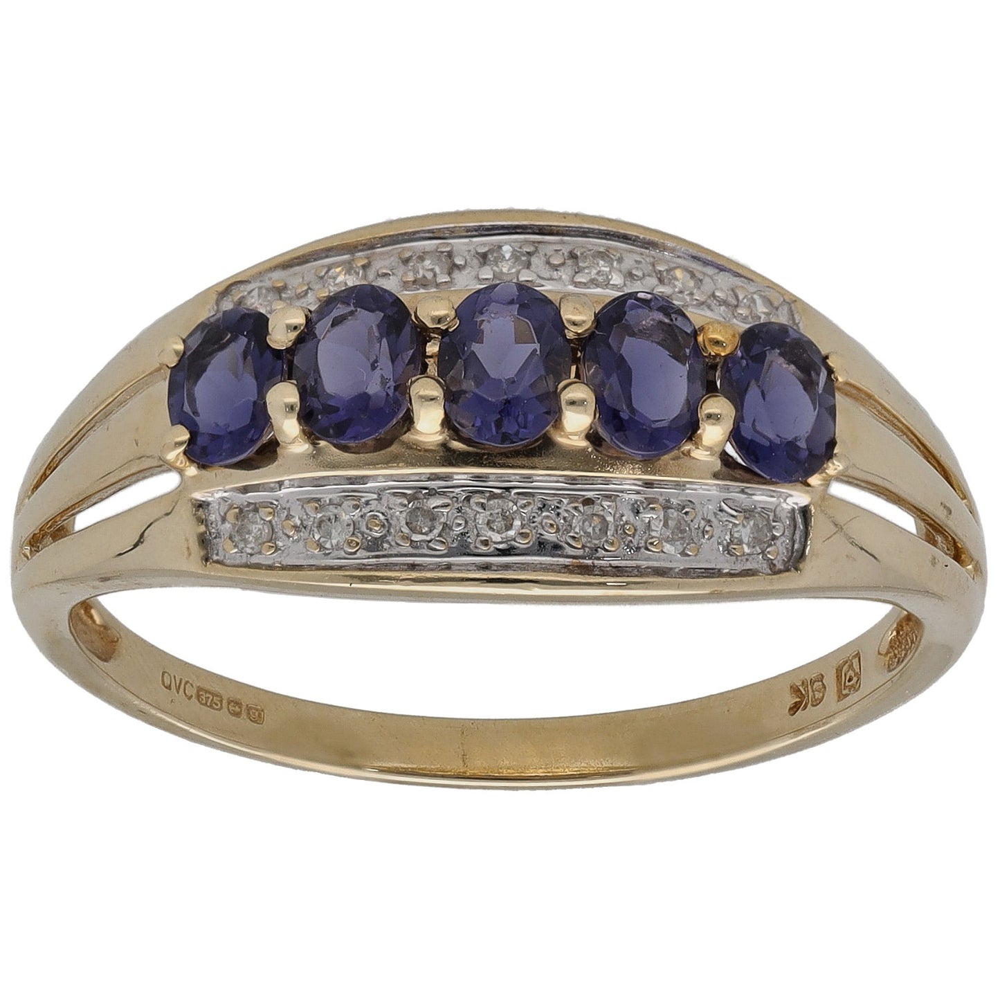 9ct gold cocktail ring with five oval iolite stones and pavé diamond accents