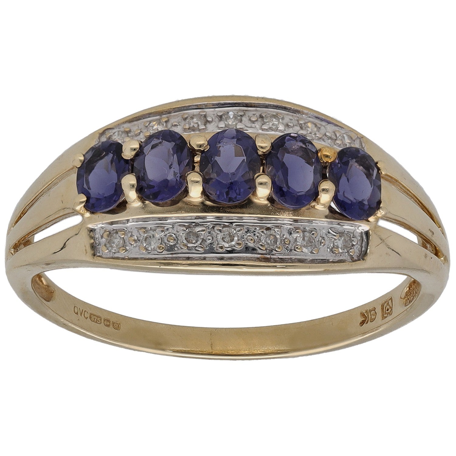 9ct gold cocktail ring with five oval iolite stones and pavé diamond accents