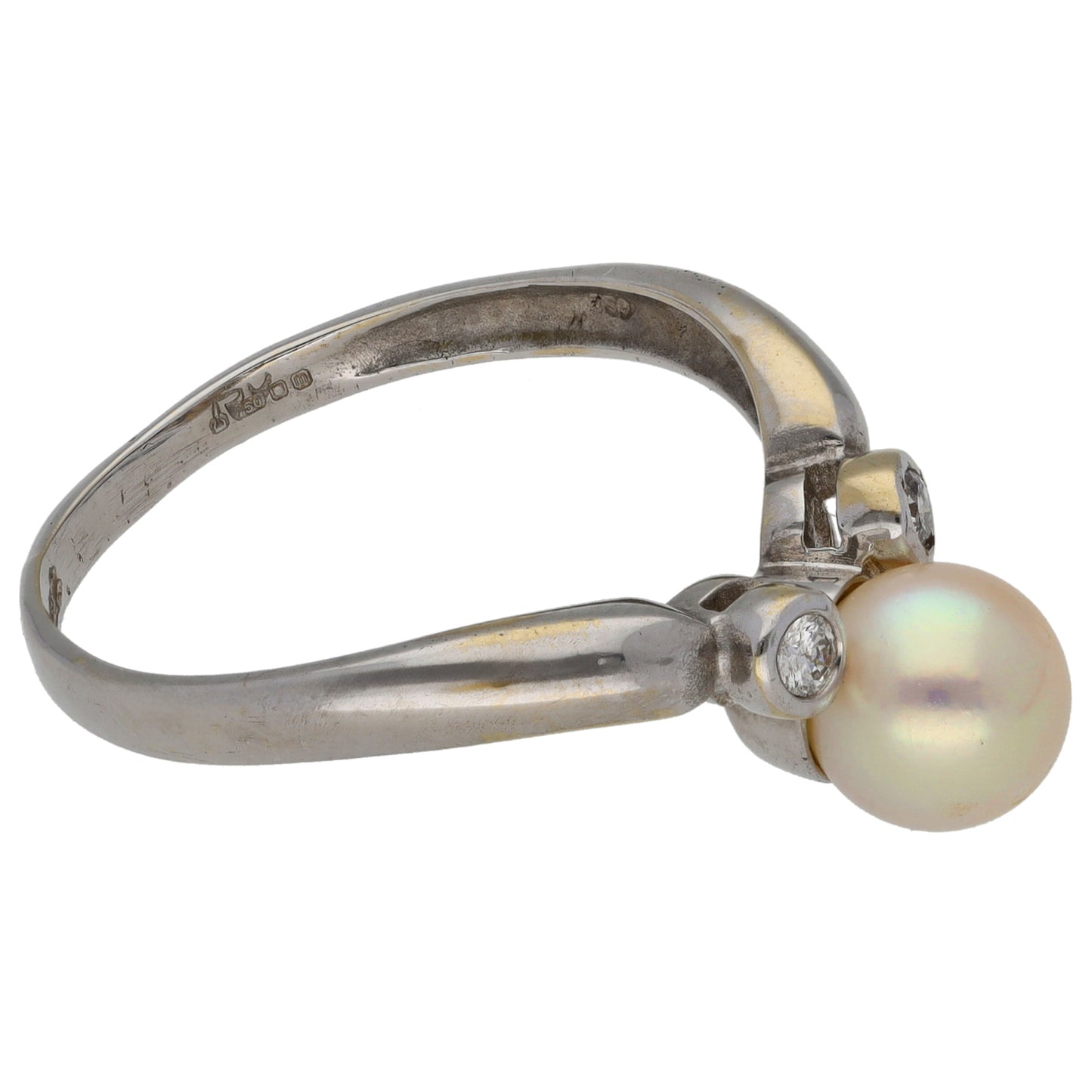 18ct White Gold Cultured Pearl & 0.06ct Diamond Trilogy Ring Size P