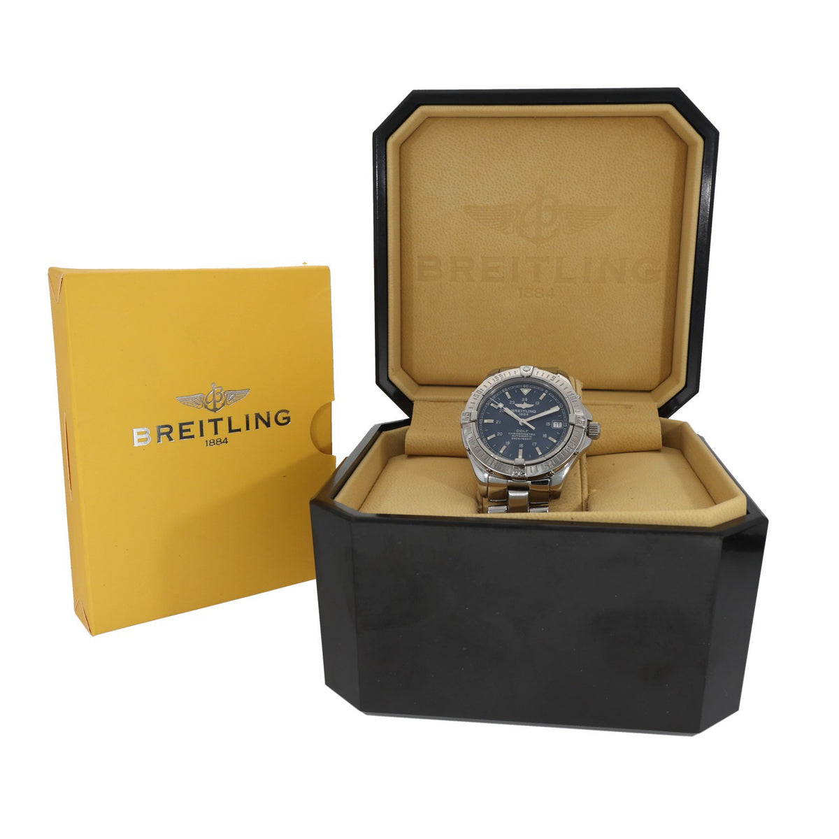 Breitling Colt A17350 stainless steel wristwatch with blue dial in open display box