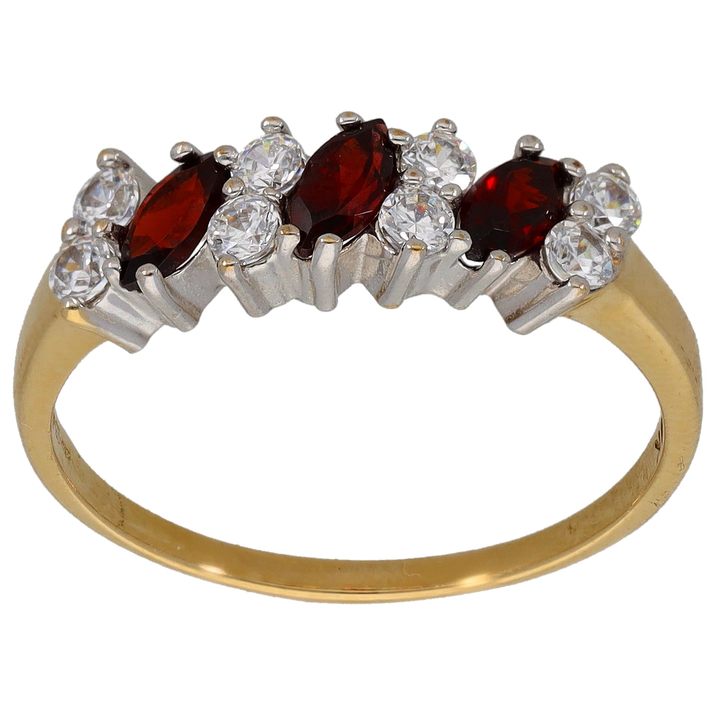 Yellow gold half eternity ring, alternating red garnet marquise and clear round CZ stones
