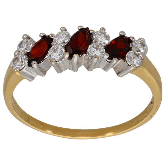 Yellow gold half eternity ring, alternating red garnet marquise and clear round CZ stones