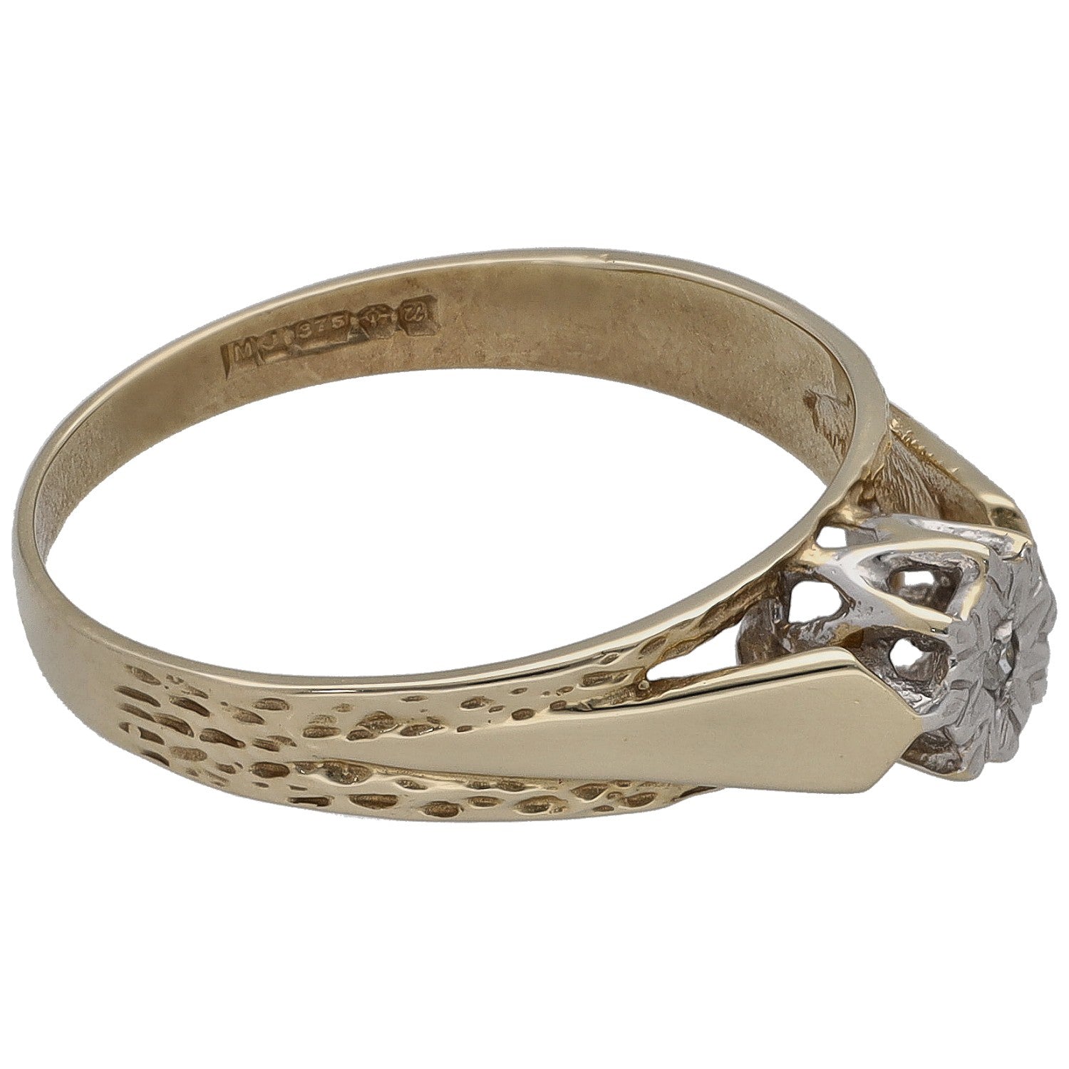 9ct gold solitaire ring with round diamond claw setting; patterned textured band