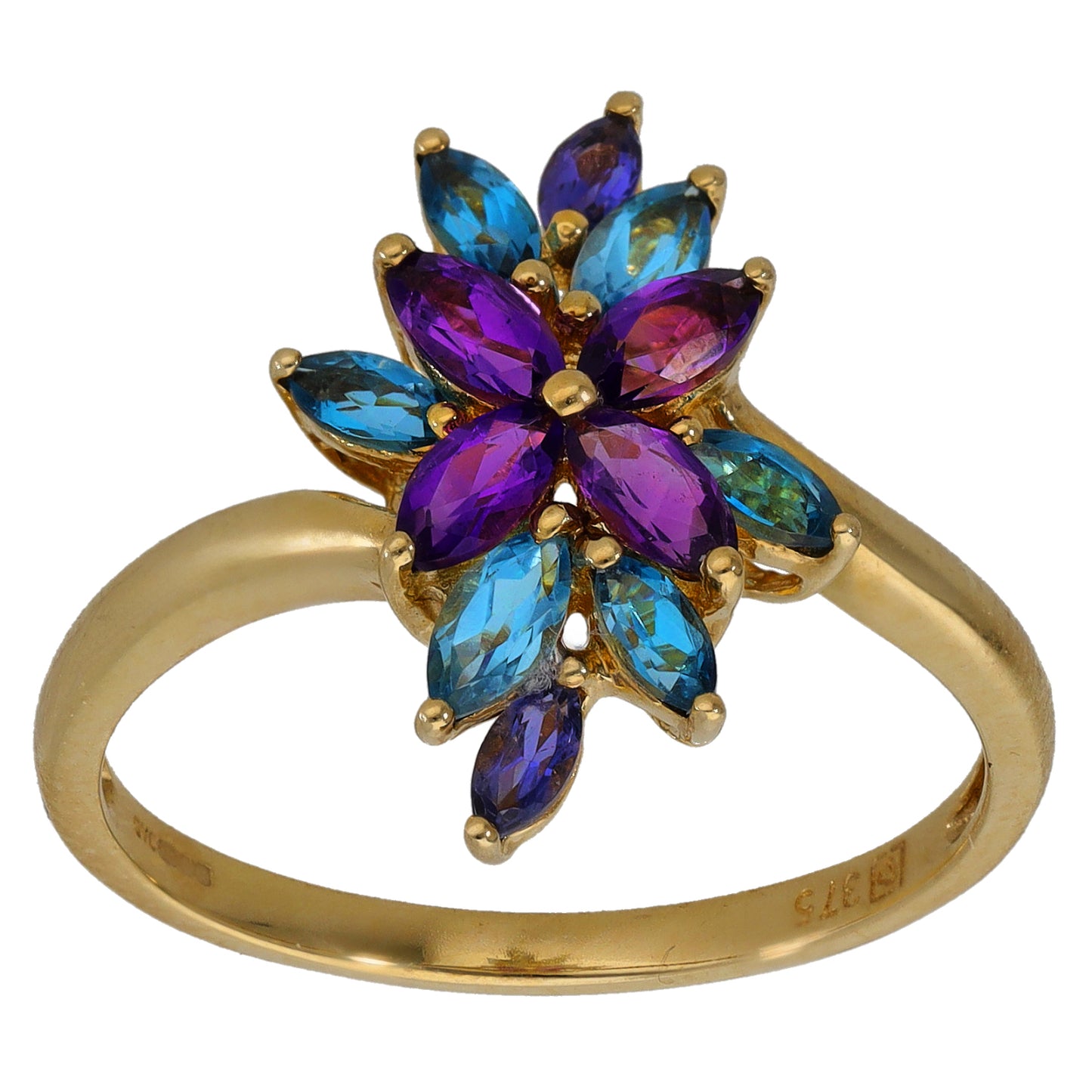 9ct Gold Amethyst, Topaz & Iolite Dress/Cocktail Ring Size T
