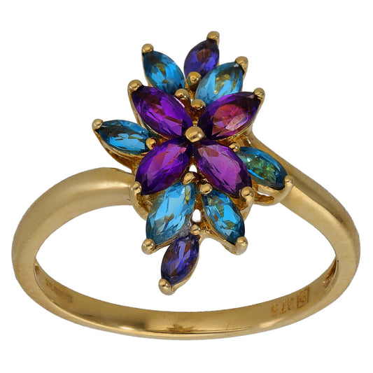 9ct Gold Amethyst, Topaz & Iolite Dress/Cocktail Ring Size T