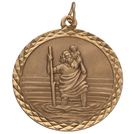 9ct gold St Christopher round pendant, detailed saint figure, textured border