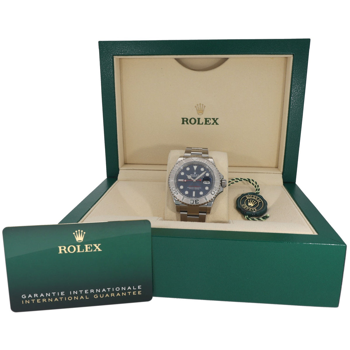Rolex Yacht Master 126622 watch displayed in green presentation box with guarantee insert