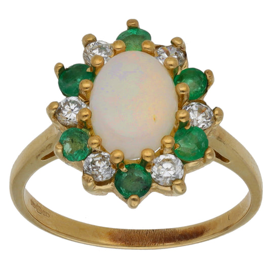 9ct Gold Opal, Emerald & Cubic Zirconia Dress/Cocktail Ring Size K