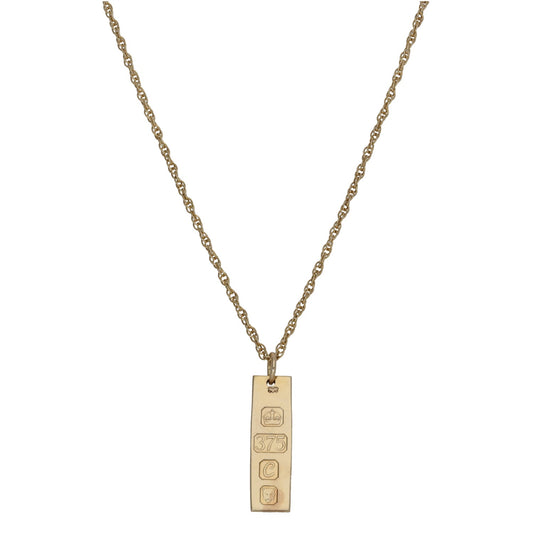 9ct gold ingot pendant with chain, rectangular pendant with stamped hallmarks