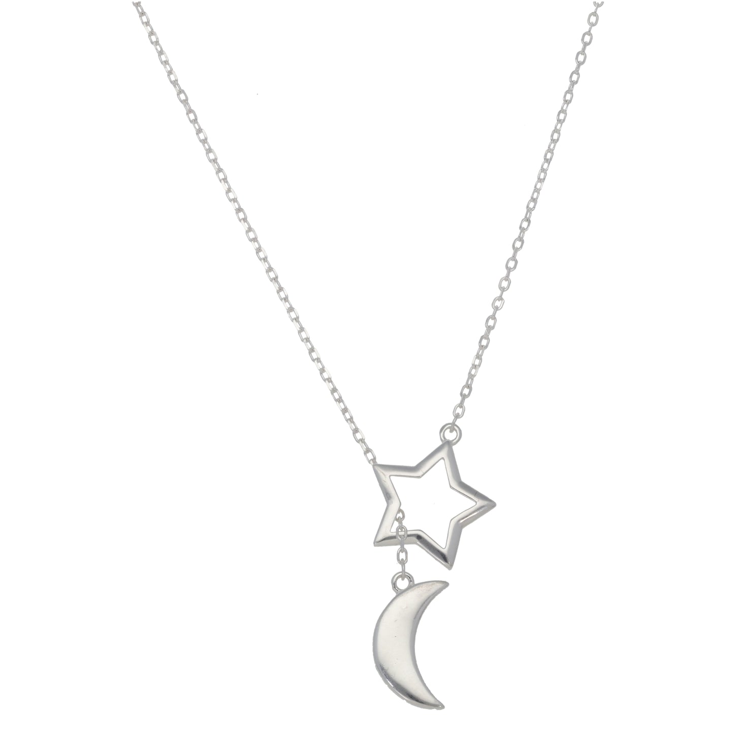 New Sterling Silver Moon & Star Necklace 20"