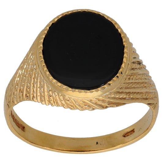 9ct gold signet ring with oval black onyx crest, textured band