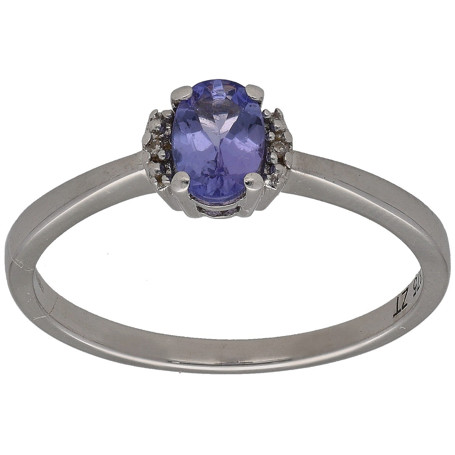 9ct white gold tanzanite solitaire ring with round diamond side accents