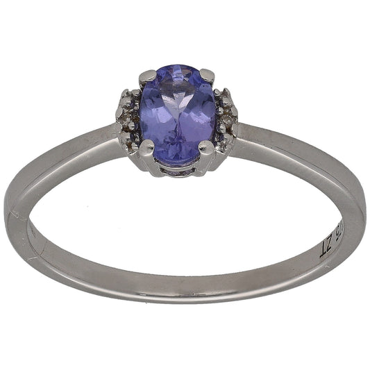 9ct white gold tanzanite solitaire ring with round diamond side accents