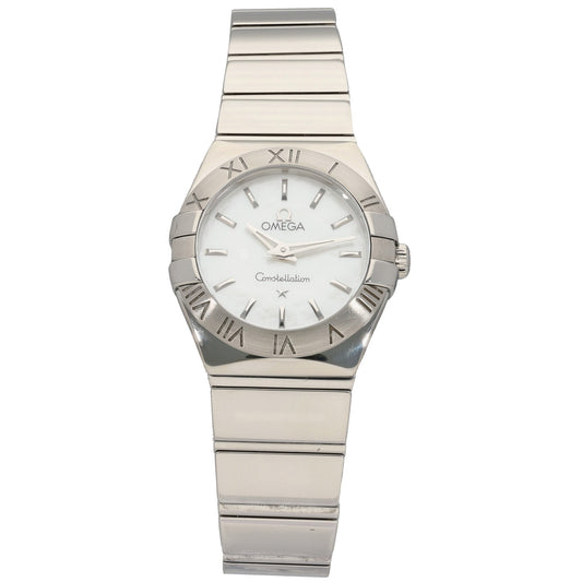Stainless steel wristwatch with white dial, Roman numerals, Omega logo, link bracelet