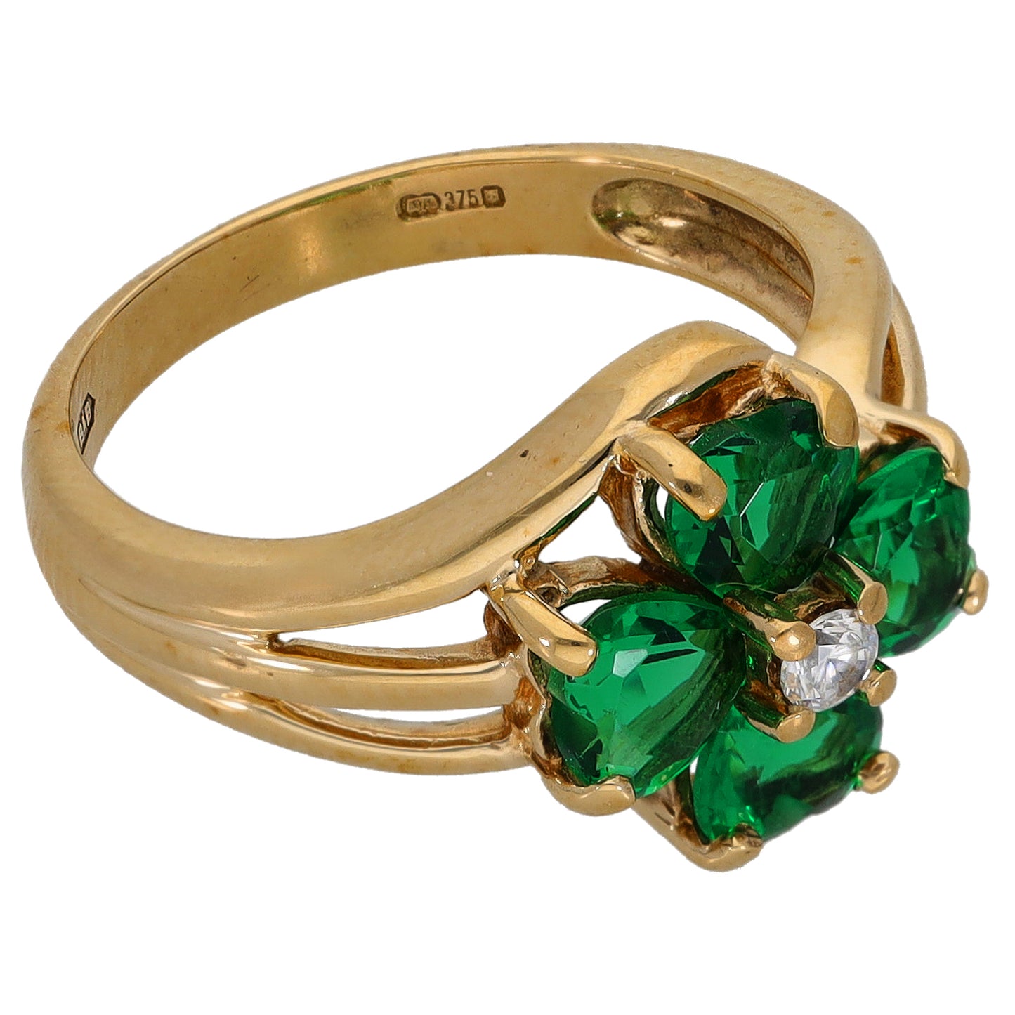 Gold-tone cocktail ring, side view, green cluster stones and clear accent stones, size M