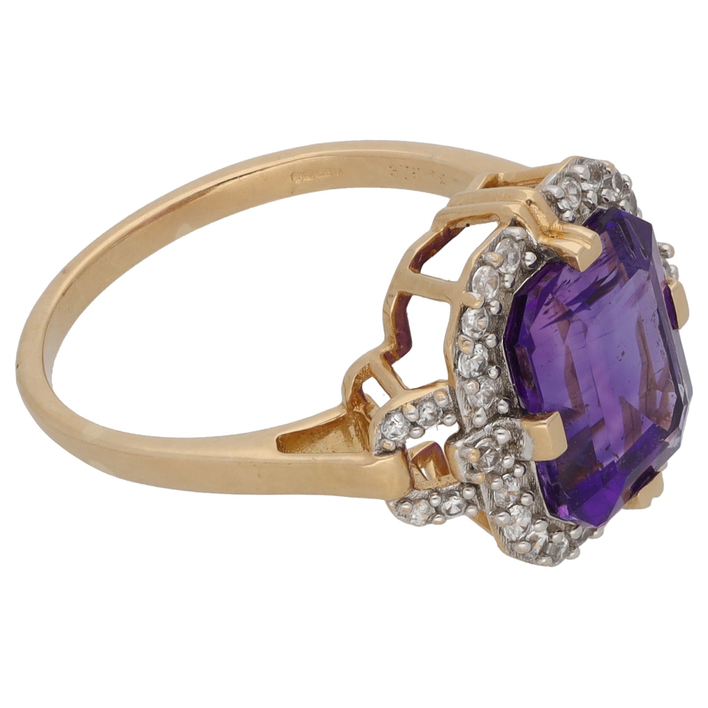 9ct Gold Amethyst & Cubic Zirconia Dress/Cocktail Ring Size N