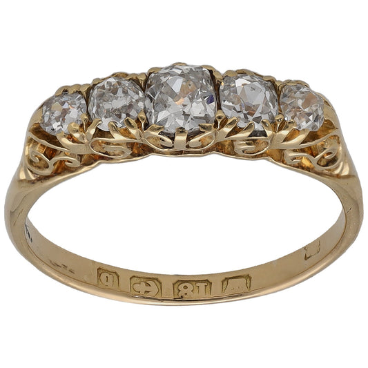 Yellow gold ring with three round diamond-like stones in a three-stone setting.