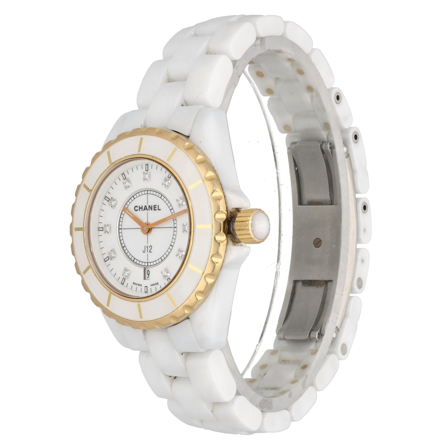 cahnel j12, white ceramic case and bracelet, gold bezel, diamond hour markers