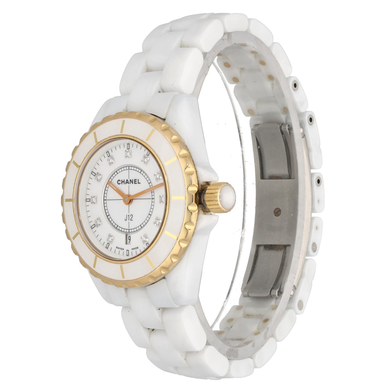 cahnel j12, white ceramic case and bracelet, gold bezel, diamond hour markers