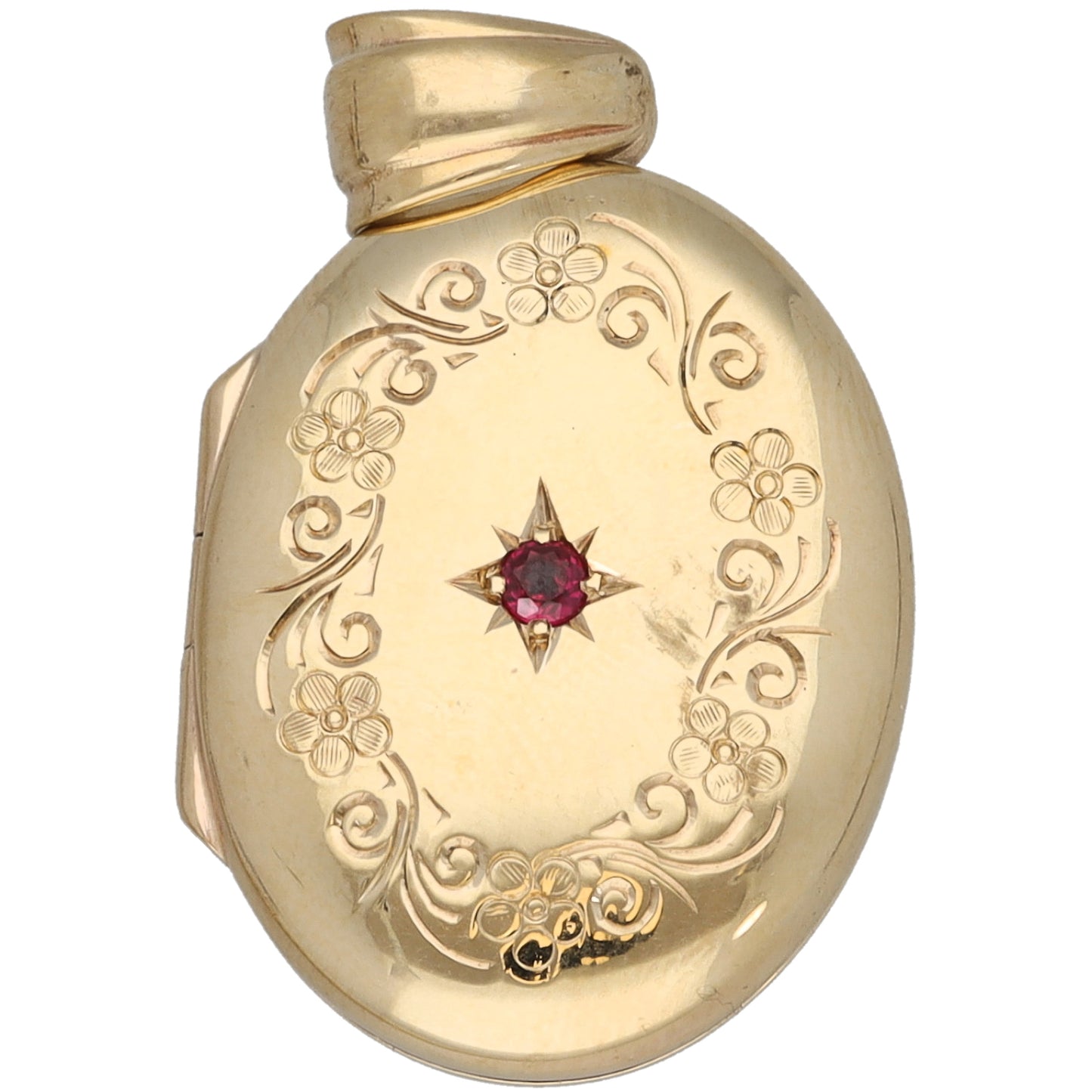 9ct Gold Ruby Patterned Single Stone Locket Pendant