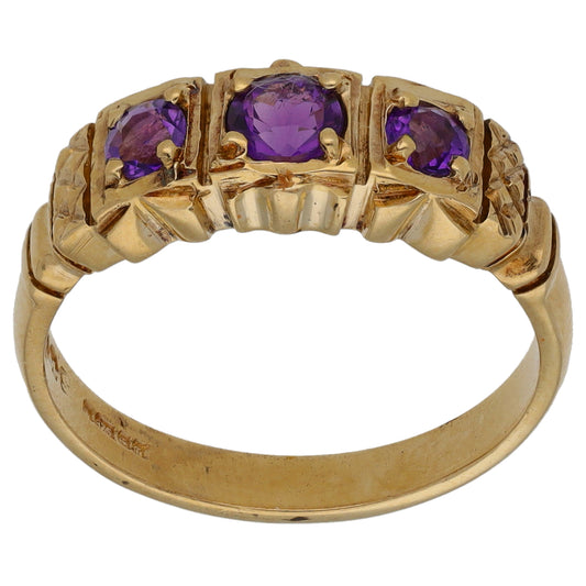 9ct Gold Amethyst Three Stone Ring Size N