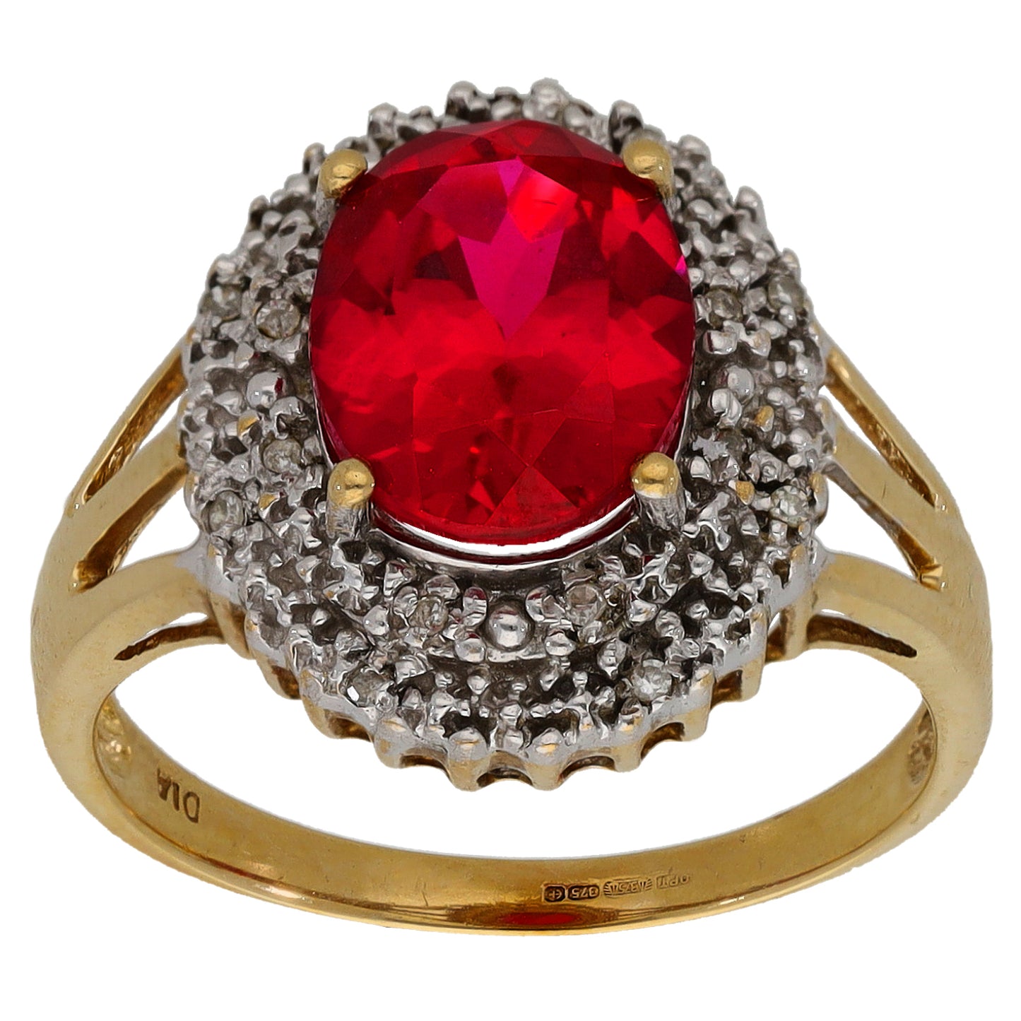 9ct Bicolour Gold Man Made Ruby & 0.07ct Diamond Dress/Cocktail Ring Size P