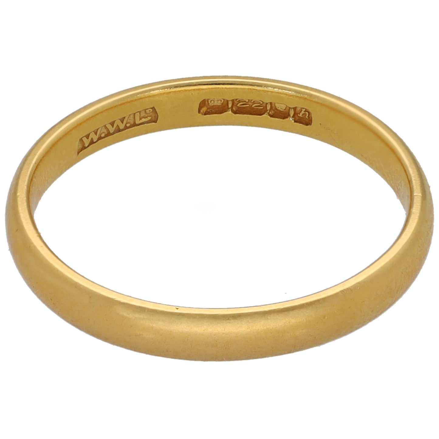 22ct gold plain wedding ring with inner engraved text on inside edge.