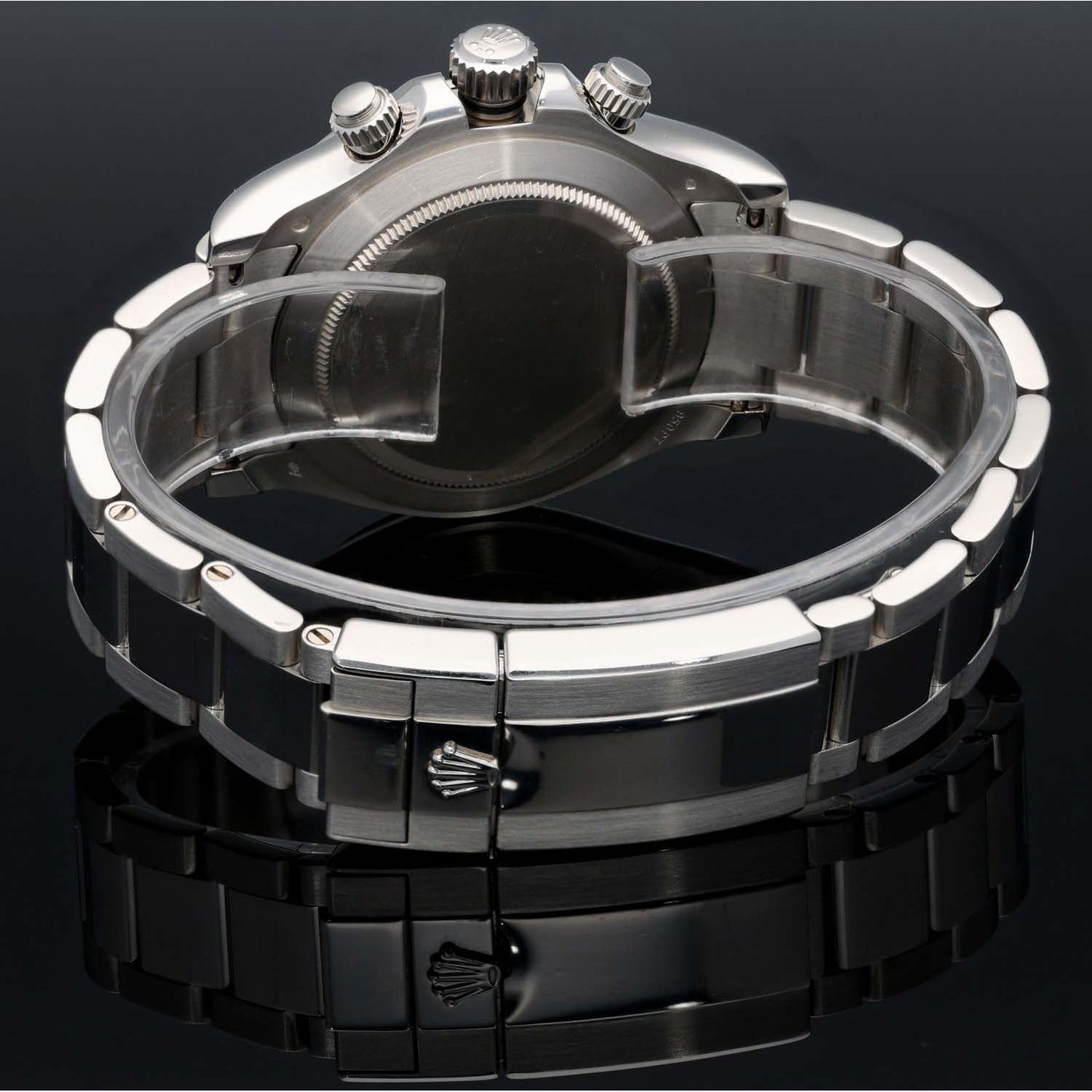 Platinum Rolex chronograph watch case back and bracelet links with crown and details