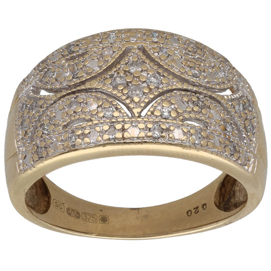 9ct gold round diamond cluster ring with scalloped pavé top