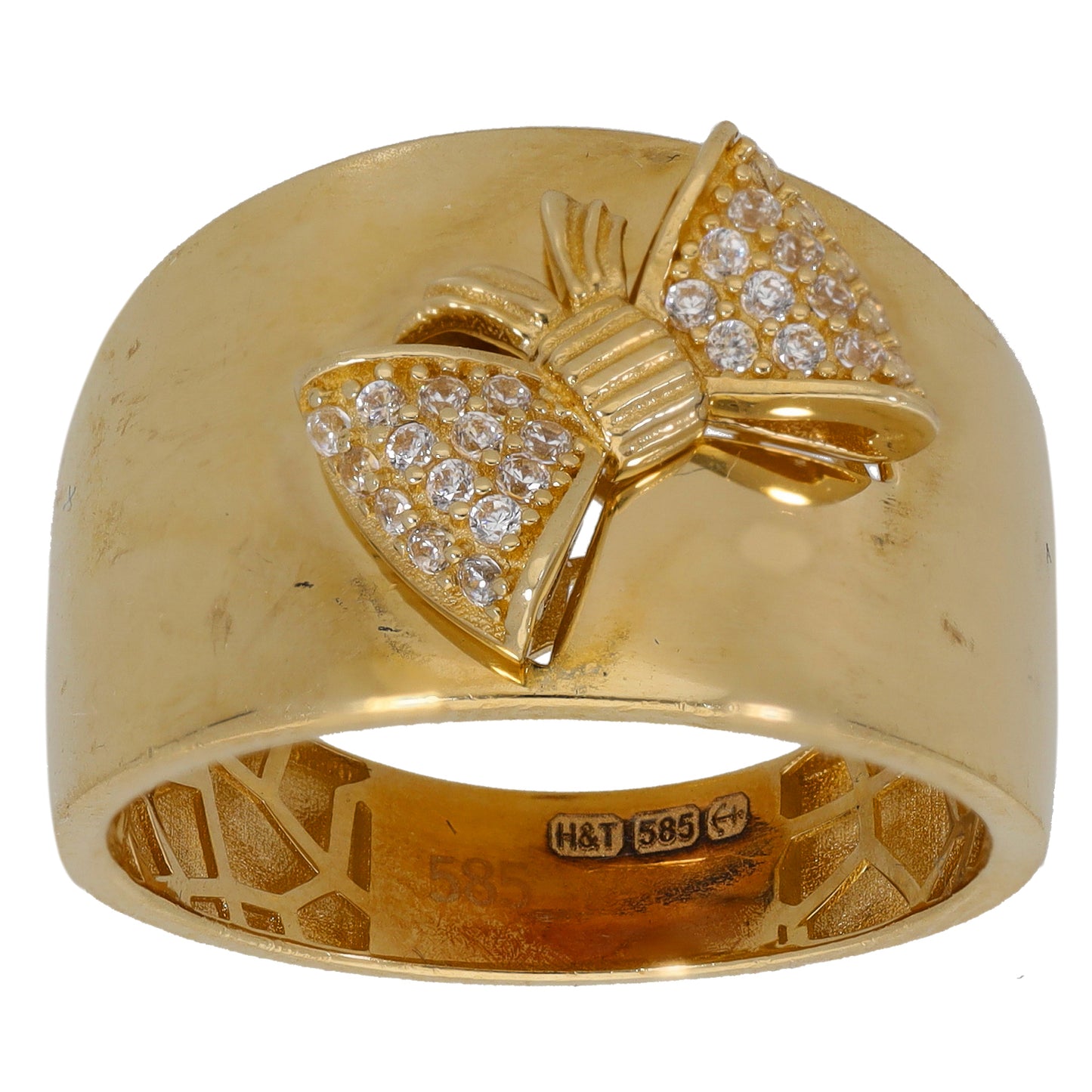 Gold-tone ring with heart and bow design set with clear CZ stones