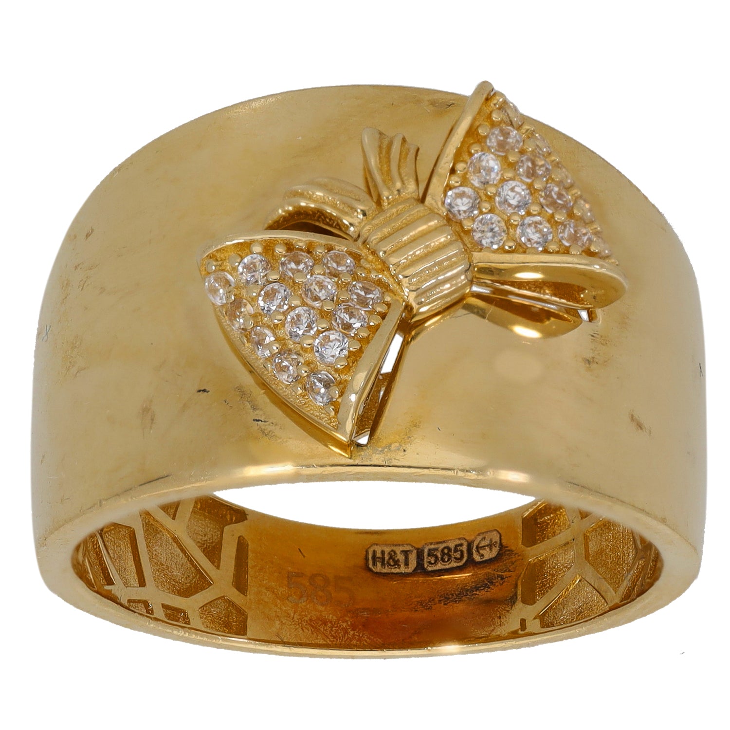 Gold-tone ring with heart and bow design set with clear CZ stones
