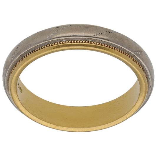 18ct Bi-Colour Gold Patterned Wedding Ring Size Q