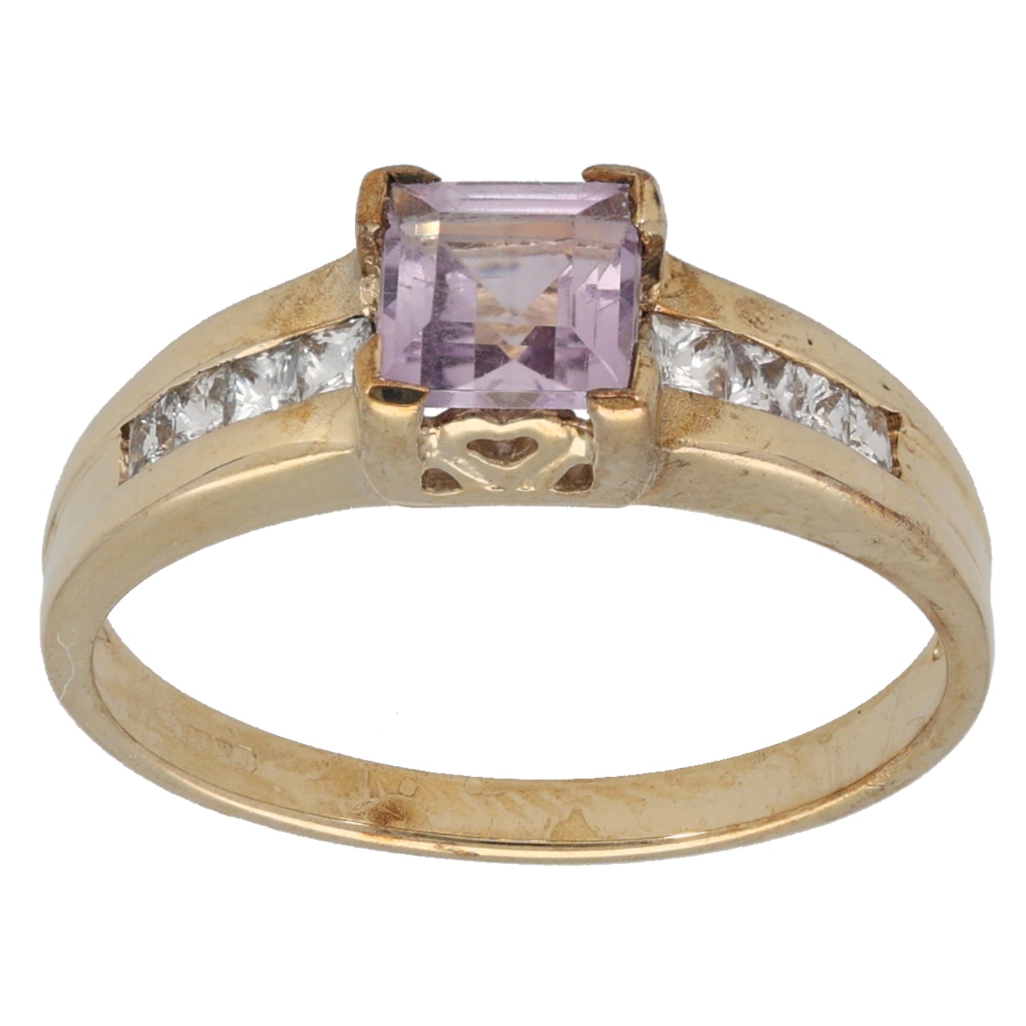 9ct Gold Amethyst & Cubic Zirconia Single Stone Ring with Accent Stones Size N