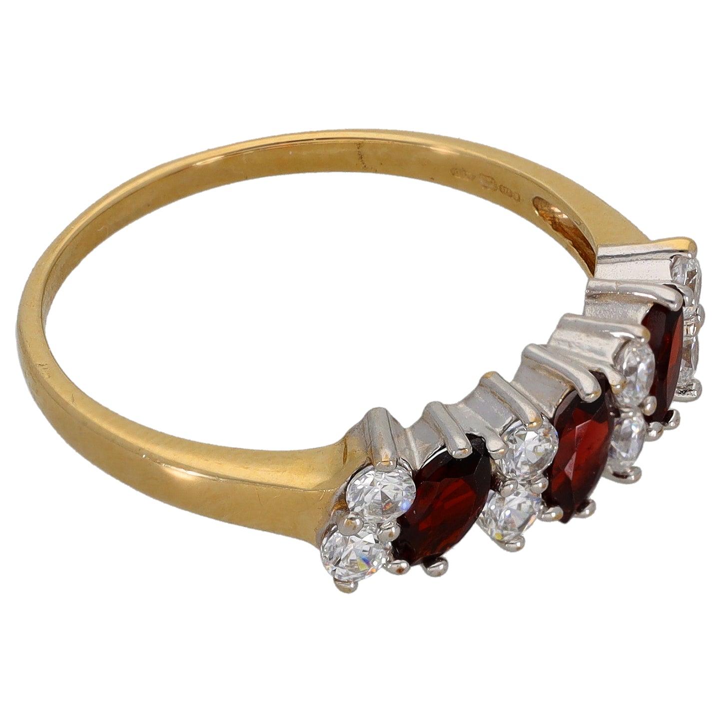 Yellow gold half eternity ring with red garnet and clear round CZ stones, silver prongs