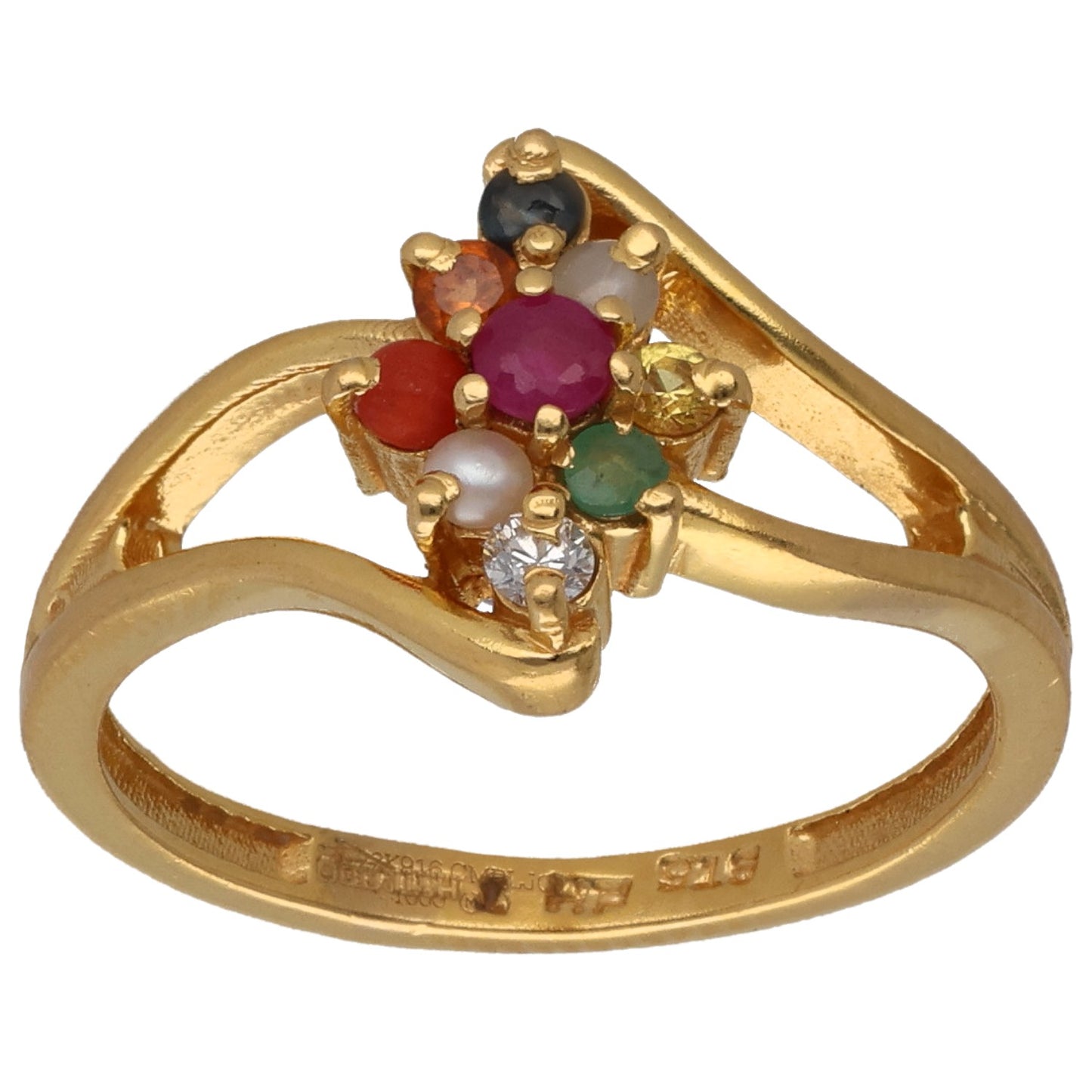22ct Gold Pearl, Ruby, Emerald, Sapphire, Garnet, Coral & 0.02ct Diamond Dress/Cocktail Ring Size K